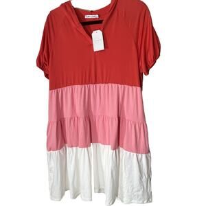 NWT Culture Code Hooded Dress Sz M Babydoll Color Blocked Red Pink Tiered New